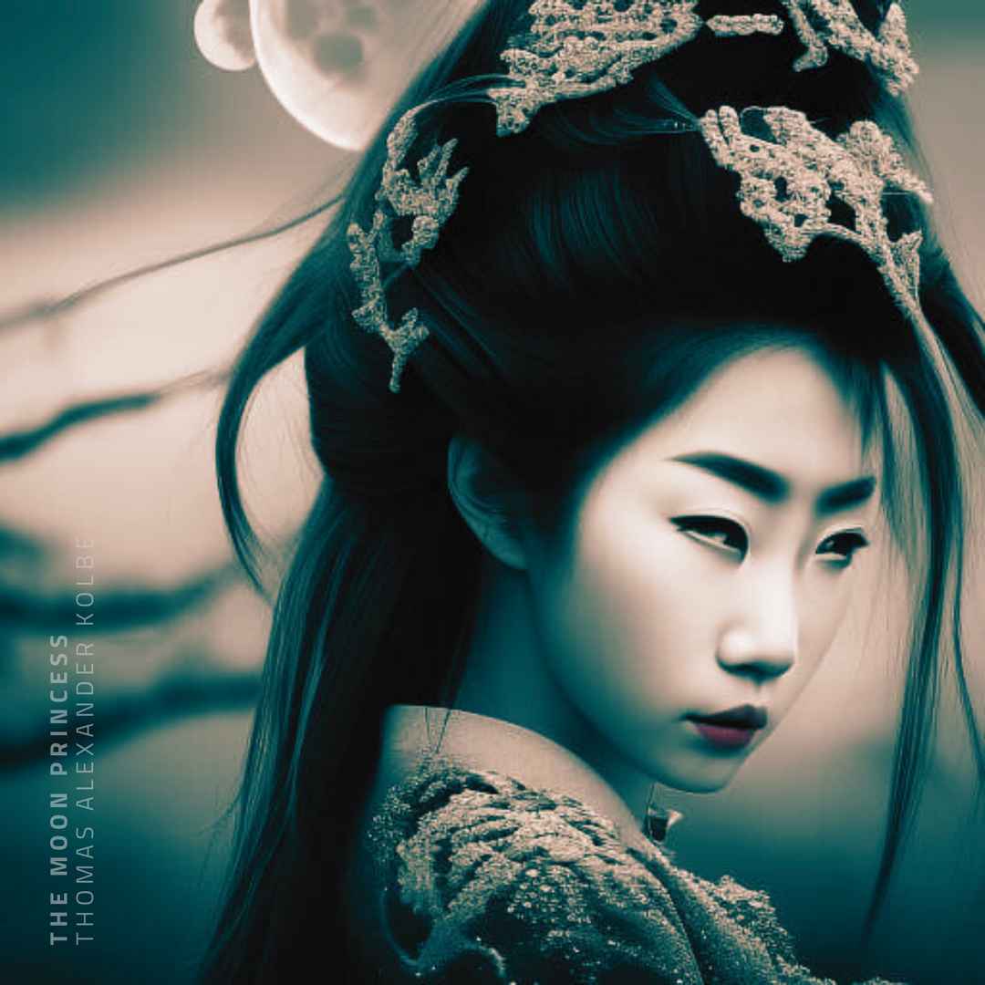 A young southeast asian woman from the side, wearing an ornate headpiece with lace patterns. The color palette of the image is muted, with dominant teal and dark tones. In the bottom left corner of the image, the text reads ‘THE MOON PRINCESS’ and ‘THOMAS ALEXANDER KOLBE’.