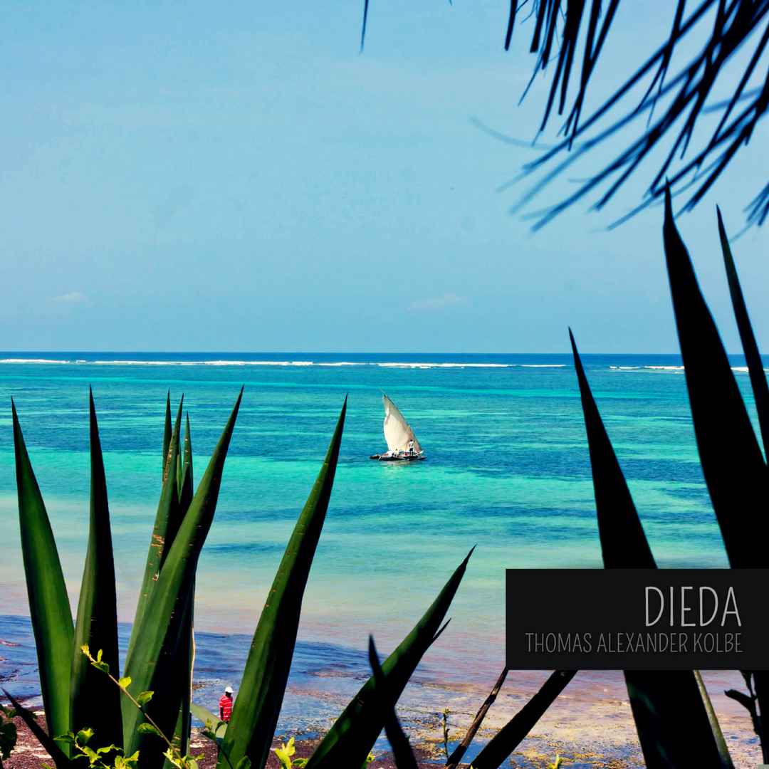 The single cover for "Dieda" by Thomas Alexander Kolbe features a serene ocean view with vibrant turquoise water under a clear blue sky. In the foreground, tall green leaves frame the scene, while a small traditional sailboat drifts peacefully on the water. The title "DIEDA" and the artist's name "Thomas Alexander Kolbe" are displayed in the bottom right corner in a minimalist font, overlaying the image. The cover evokes a sense of tranquility and connection with nature, reflecting the calming and introspective themes of the track.