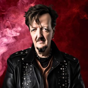 Portrait of Thomas Alexander Kolbe, a musician and composer, wearing a black leather jacket with metal studs, set against a dark red smoky background. He has a goatee and a relaxed yet intense expression.